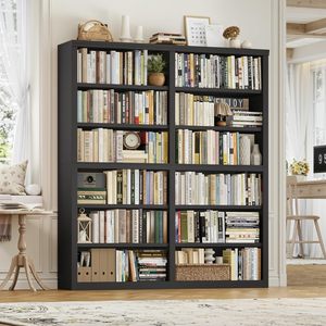 Étagères ouvertes modernes noires, étagères de rangement en bois naturel, 6 étages, 12 étagères de présentation, salon, bureau familial, bibliothèque - Product Image 4