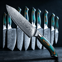 9-delige Damascus staal messenset met gekarteld lemmet, handgepolijst, multifunctioneel, Japanse stijl Santoku fruitmes, S-handvat