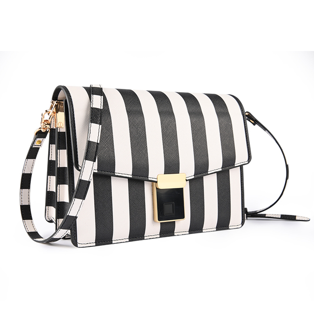 New Arrivals Smart Fingerprint Lock Bag Stripe Leather Handbag  Square Crossbody Womens Bag Black and White