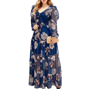 เดรสยาวพิมพ์ลายดอกไม้ชีฟองคอวีแขนสั้นเซ็กซี่แบบใหม่สำหรับผู้หญิงแฟชั่น - Product Image 1