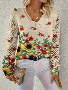 Maglione da Donna Traspirante Casual con Motivo Girasole, Collo a V, Maniche Lunghe, Lavorazione Pointelle <span class=keywords><strong>e</strong></span> Inserti in Rete, 100% Poliestere, Collezione Primavera 2026 - Product Image 6