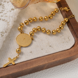 Western Geometric Gold Plated Smooth Ball Rosary Cross Prayer Scripture Coin Adjustable 316L Stainless Steel Women's <b>Bracelet</b> - Product Image 4