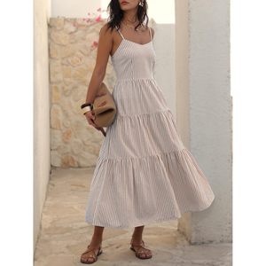 Womens Summer Striped Midi Dress <b>Spaghetti</b> <b>Strap</b> Tiered A-Line Casual Beach Vacation Sundress Breathable Woven Fabric - Product Image 3