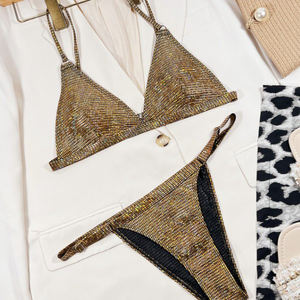 YY5515 OEM couleur unie métallique brésilien Bikini licou <span class=keywords><strong>Triangle</strong></span> maillot de bain plage Sexy or Chrome deux pièces ensemble rayé lettre - Product Image 2