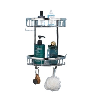 Étagère de douche ronde à double niveau en métal avec crochets pour l'organisation du rangement dans la salle de bain, design moderne et étanche - Product Image 1