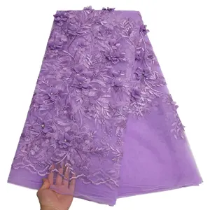 NIAI Lilac Stones Lace Fabric 2024 High Quality Mesh Embroidery Applique 3D Flower Tulle Nigerian Lace Fabrics For Bridal LY4309