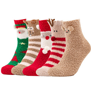 Venta al por mayor 5 pares lindo acogedor interior Coral polar Fuzzy Fluffy invierno mujeres Navidad cálido zapatilla Calcetines - Product Image 1