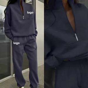 Custom Logo Oversized 2 Piece Outfits Sweatsuit Sets Women Half Zip Up Hoodie And Jogger Set