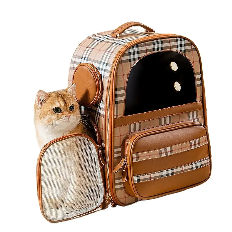 PU leather cat tote bag dropshipping british style plaid Luxury pet dog cat travel carrier handbag backpack accessories