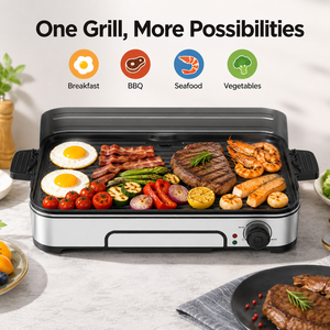 Nouvelle <span class=keywords><strong>Plancha</strong></span> Électrique Intérieure/Extérieure, Gril BBQ Sans Fumée pour la Maison avec Plaque Antiadhésive Amovible et Pare-éclaboussures - Product Image 1