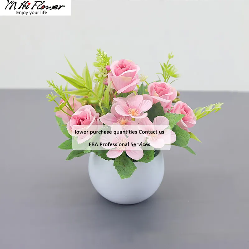 Buquê de casamento rosa pequeno bonsai com vaso de flores de pano de seda para decoração de casa e sala de estar, ideal para venda