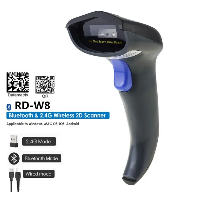 Barcode Reader Qr Radall RD-W8 2D Blue Tooth Wireless QR Barcode Scanner W6 2.4G Wireless CCD Bar Code Reader For Mobile Payment Computer Screen