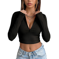 T-shirt haut en polyester à manches longues et col en V profond, coupe ajustée, style minimaliste européen et américain, pour femme, transfrontalier