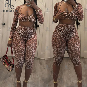 Leopard in lưới dài tay áo Crop Top và áo ngực và legging Bộ Womens 3 mảnh trang phục sexy Câu lạc bộ mặc - Product Image 1