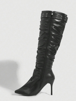 Bottes hautes marron en similicuir pour femme, personnalisables, à bout pointu, talon aiguille, avec boucle et fermeture éclair latérale