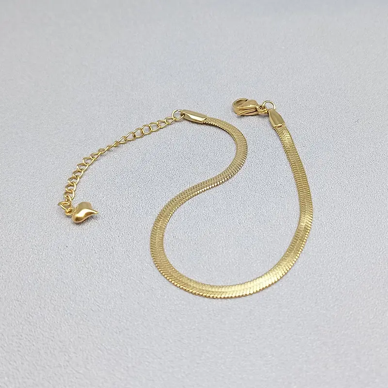 Summer INS Minimalist Stylish Stainless Steel Bracelet 18K Gold Plated Women Flat Herringbone Snake Chain Bracelet