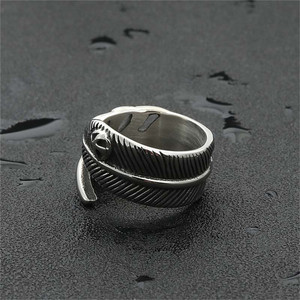 Stainless Steel <b>Feather</b> <b>Ring</b> Men's Retro Punk Style Daily Wear <b>Silver</b> Color 26097 - Product Image 2