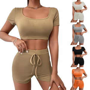OEM Women Two Piece <b>Set</b> <b>Square</b> Neck Drawstring Cropped Slim Fit Summer Casual Streetwear Outfit Screen Printing Logo - Product Image 1