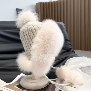 Cálido y esponjoso <span class=keywords><strong>sombrero</strong></span> de <span class=keywords><strong>paja</strong></span> de piel de zorro protección del cuello del oído <span class=keywords><strong>sombrero</strong></span> de bola de aviador de punto - Product Image 4