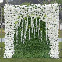 Nouveau design 8x8 pieds, toile de fond de fleur de rose blanche 5D, tissu enroulé, mur de fleur arrière avec vert pour décoration de scène de fête de mariage