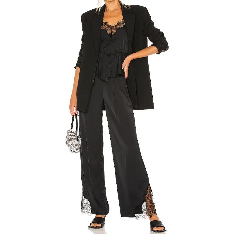 Spring Elegant Designer Women Two Piece Outfits 2021 Office Lady Black Lace vest and Pants Suit Set Casual set