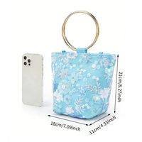 Tas Tangan Biru Langit Unik Desainer dengan Bordir Payet Bunga, Pegangan Cincin Bundar, Mewah, Elegan, Portabel, untuk Wanita