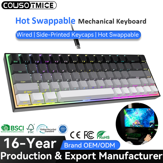 Hot Swap 68 Keys Gaming Keyboard PBT Side Printed Keycaps Blue Switch Purple Pink Wired Mechanical Keyboard for Computer Laptop
