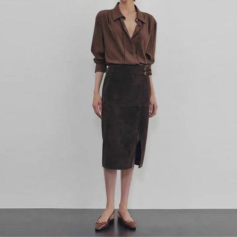 6352 2026 Fall Winter New Women Elegant Commuter Style High Waist Slim Fit Genuine Leather Bodycon Midi Skirt