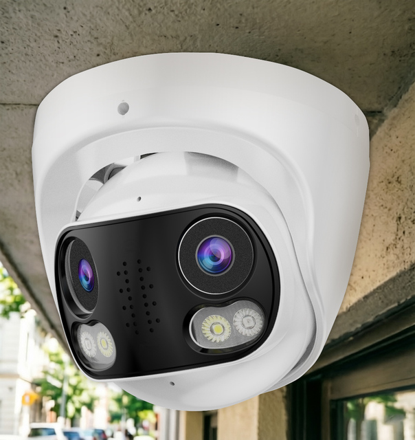 Custom 4MP 180 Degree Panoramic Dual Lens PoE IP Camera Full Metal Hik Compatible Audio AI Human Detection Outdoor Turret Camera