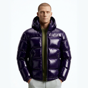 Chaqueta con cremallera a prueba de viento para hombre, corte regular, abrigo de invierno con relleno de plumón, color sólido, estilo casual, chaqueta acolchada con capucha morada para hombre - Product Image 1