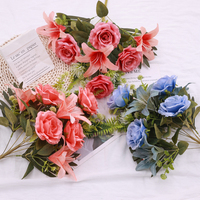 Fleurs artificielles de haute qualité 7 têtes fleur funéraire en soie bouquet de lys et de roses artificielles pour arrangement de tombes