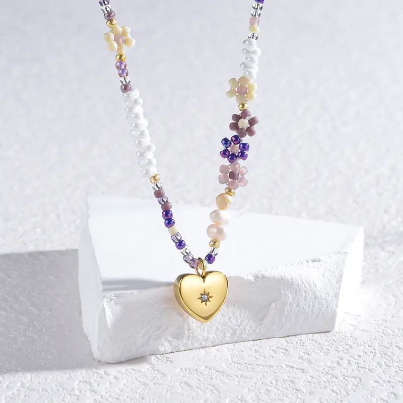 Carino piccolo fiore viola sottile perline di perle naturali zircone stella intarsiato in acciaio inox oro collana cuore per le donne