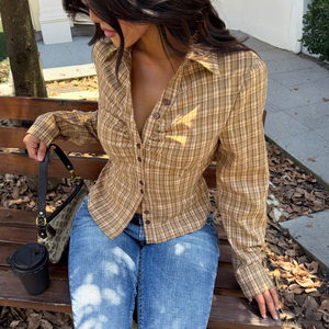Camisa de Oficina Estilo Europeo-Americano con Cuello Mao, Estampado a Cuadros, Lazo en la Espalda, Ajuste en la Cintura, Marrón, Texturizada, Ajustada, Favorecedora, Manga Larga - Product Image 5