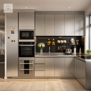 XINGRUO Armoires de <span class=keywords><strong>cuisine</strong></span> modernes écologiques en acier inoxydable brossé sur mesure, avec structure entièrement métallique et portes à panneaux, pour <span class=keywords><strong>cuisine</strong></span> murale et garde-manger - Product Image 1