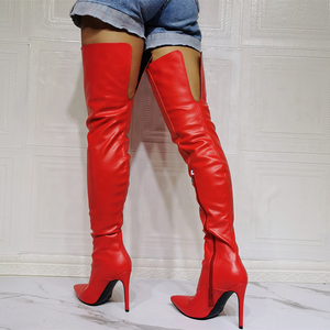 Bottes hautes sur mesure rouge vif grande taille 47 pour femme, bottes longues sexy à talon aiguille avec fermeture éclair semi-glissante - Product Image 3