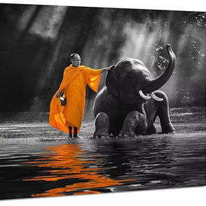 Vente en gros d'art mural <span class=keywords><strong>noir</strong></span> <span class=keywords><strong>et</strong></span> <span class=keywords><strong>blanc</strong></span> décor de bouddha peinture sur toile zen peinture thaïlandaise éléphant moine rivage d'eau peinture de tir - Product Image 3