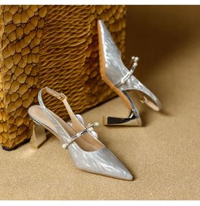 Silver French Mary Jane High Heel Sandals, Pointed Toe One Strap Buckle <b>Block</b> Heel Bridal Wedding Shoes for Women - Product Image 3