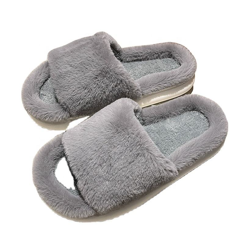 Hot Sale Slippers American Women's Cheap Shoes Female Lady Fur Flip Flops Slides 2023 Soft Plush Cotton Indoor Winter