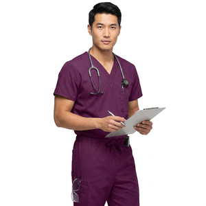 Ensemble de blouses médicales pour hommes, violet, coton et polyester, tissé, uniforme d'hôpital, haut à col en V avec pantalon, poche porte-stéthoscope - Product Image 1