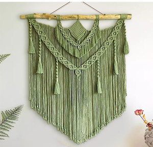 Ventes Flash : Décoration Murale <span class=keywords><strong>Macramé</strong></span> Vert <span class=keywords><strong>avec</strong></span> Tige en <span class=keywords><strong>Bois</strong></span> Naturel, Tapisserie Murale Bohème Tissée à la Main <span class=keywords><strong>avec</strong></span> Franges, Décoration Murale Texturée Bohème - Product Image 1