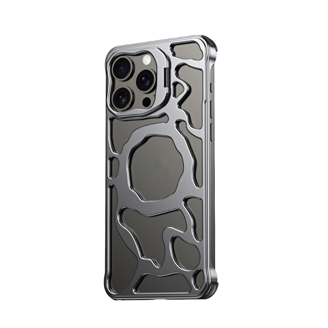 Trending Aluminum Metal Hollow Out Heat Dissipation Invisible Camera With Holder Phone case Cover for iphone 15 14 13 Pro Max