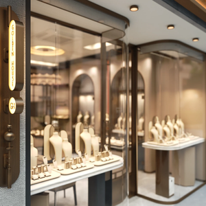 Armoire de présentation en verre luxueux avec cadre doré, éclairage LED, forme d'arc, dimensions personnalisables et résistante - Product Image 6