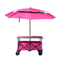 Chariot de camping pliable rose avec table et parasol, robuste, 4 roues, chariot de plage multifonctionnel pour l'extérieur