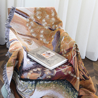 Maßgefertigte Vintage Rustikale Katzen- & Fisch-Jacquard Gewebte Baumwoll-Tragbare Wandteppich-Decke mit Fransen im Landhausstil