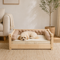 Lit pour animaux de compagnie en bois de pin naturel avec matelas moelleux et rebord tressé, vente en gros d'usine