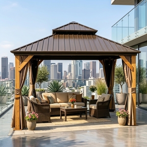 Gazebo <span class=keywords><strong>de</strong></span> Madera <span class=keywords><strong>de</strong></span> Cedro Sólido con Techo Rígido <span class=keywords><strong>de</strong></span> Doble Nivel, Techo <span class=keywords><strong>de</strong></span> Acero Galvanizado Negro, Ecológico, para Balcón Exterior, Pabellón <span class=keywords><strong>de</strong></span> Privacidad - Product Image 1