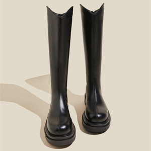 Bottes de motard classiques best-sellers pour femme, rehaussantes, toutes saisons, à semelle épaisse, doublées polaire, mi-mollet, hauteur genou, à enfiler - Product Image 2