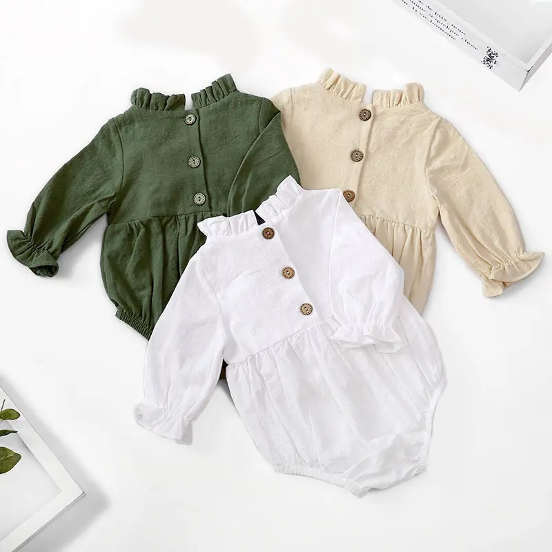 New long sleeve baby romper newborn solid color cute neckline baby girls clothes