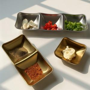 304 acier inoxydable Sauce plat or Style coréen soucoupe plat marmite assaisonnement assiette Sauce plat Barbecue vaisselle 2 et 3 grilles - Product Image 4