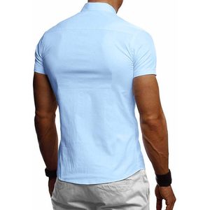 เสื้อดาวน์แบบมีกระดุมสำหรับผู้ชายเสื้อ100% แขนสั้นเข้ารูปปกติไม่ยับย่นลำลองผ้าคอตตอนสีฟ้าไซส์ L - Product Image 2